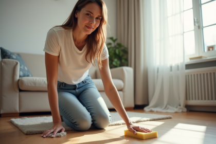 Femme nettoyant un sol dans un appartement lumineux