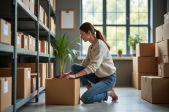 Jeune femme organise des cartons dans un espace lumineux