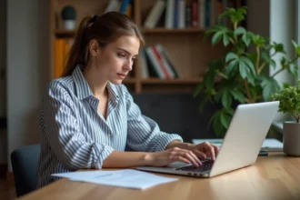 Jeune femme parisienne travaillant sur son ordinateur à domicile