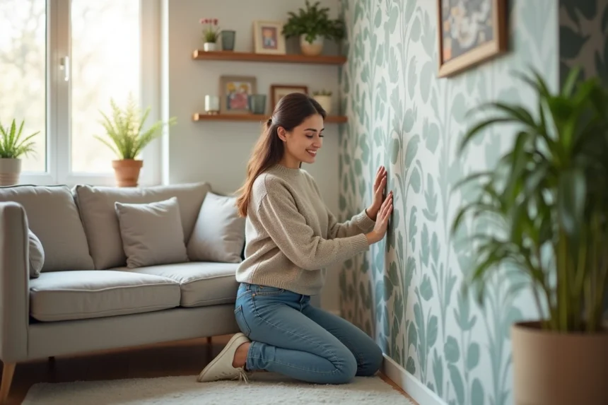 Femme arrangeant du papier peint dans un salon lumineux
