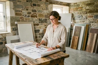 Femme consultant des plans de rénovation dans un salon en cours de transformation avec murs en pierre et matériaux de construction