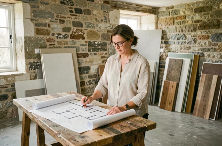 Femme consultant des plans de rénovation dans un salon en cours de transformation avec murs en pierre et matériaux de construction