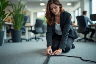 Jeune femme en bureau pose un protecteur de câble flexible