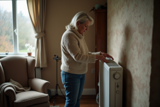 Femme en pull et jeans ajustant un radiateur électrique dans un salon chaleureux