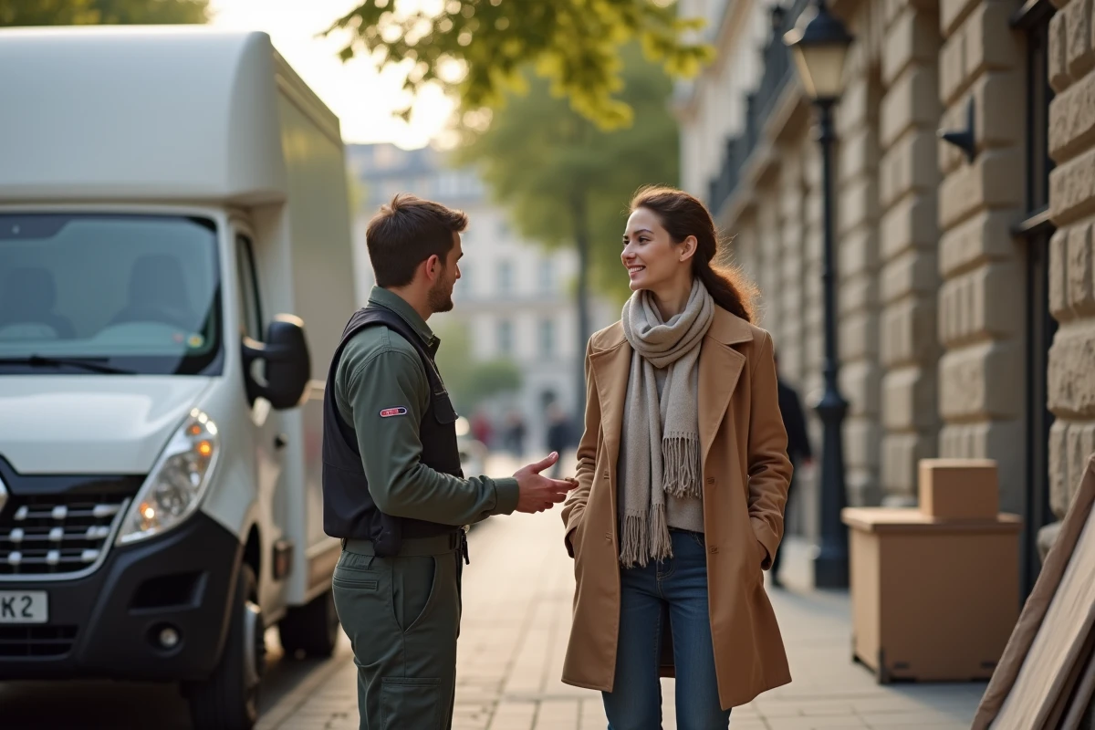 Jeune femme professionnelle discutant avec un déménageur dans la rue