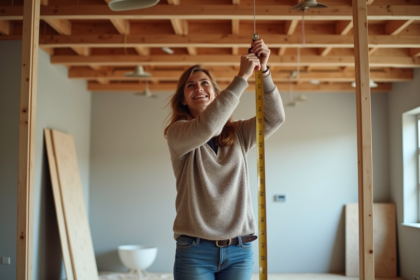 Femme mesurant un plafond dans une pièce en rénovation