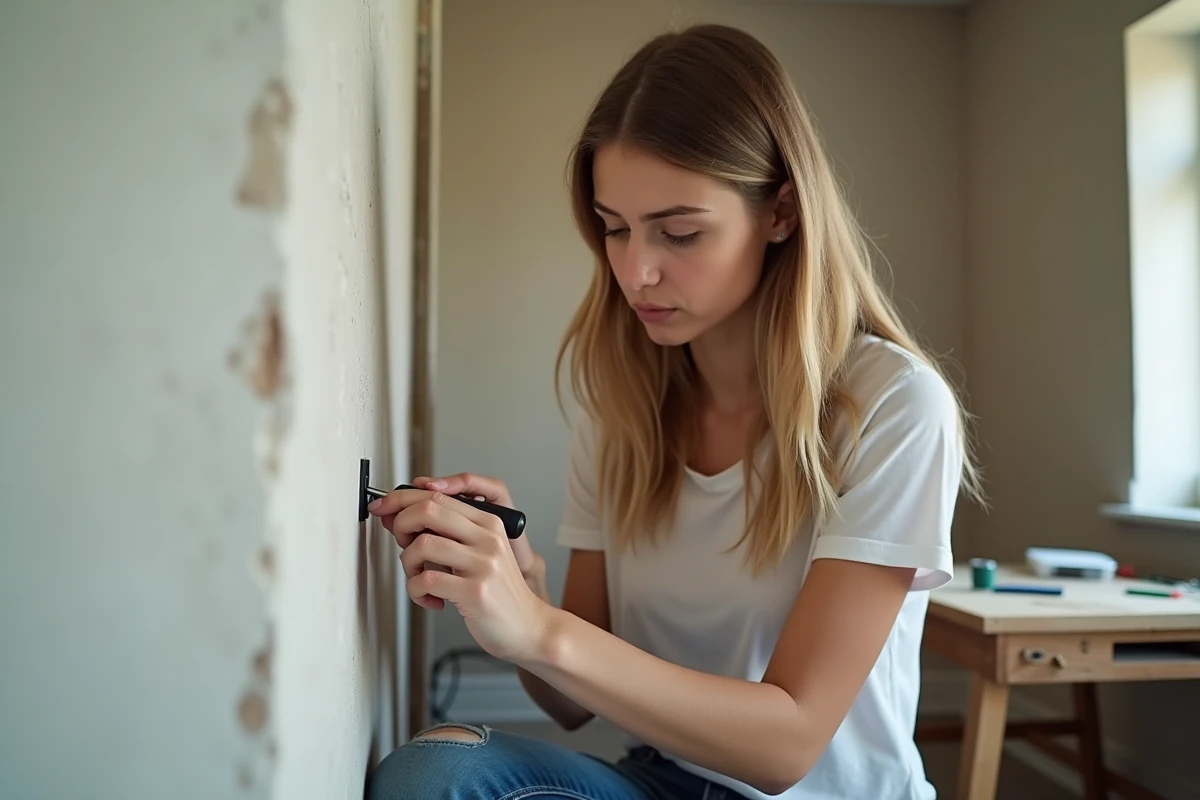 Jeune femme utilisant un tournevis sur un domino électrique