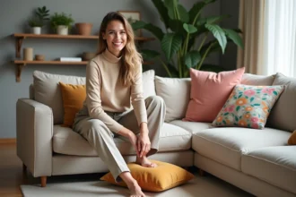 Femme élégante arrangeant des coussins colorés dans un salon moderne