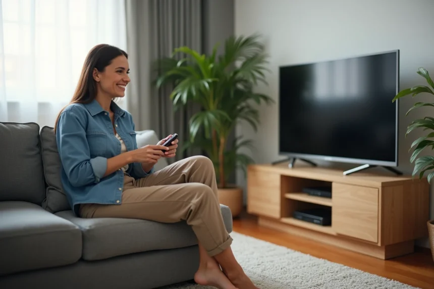 Femme souriante assise dans un salon moderne avec TV et plantes
