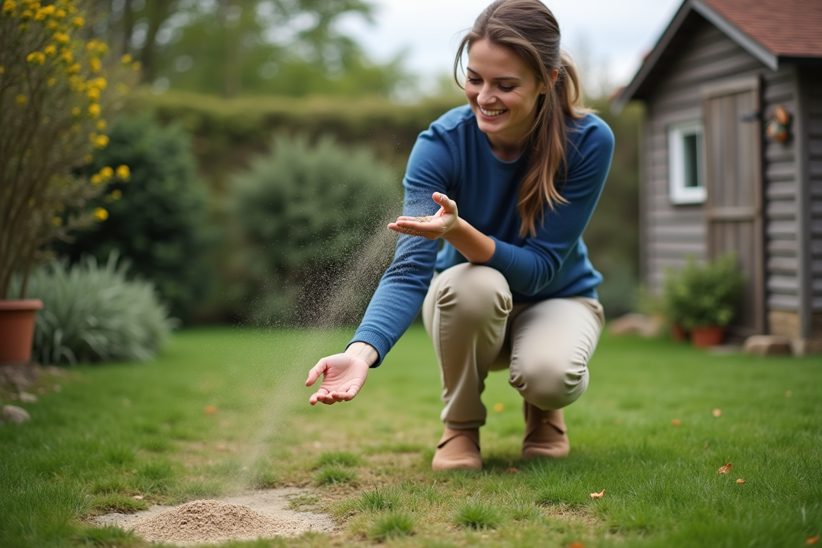 Jeune femme en pull bleu saupoudre du produit contre la mousse