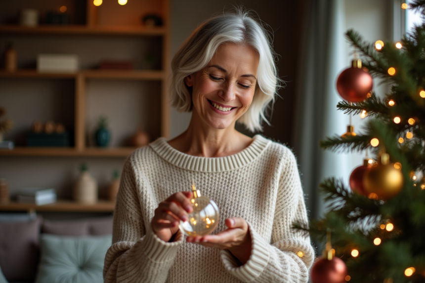 Femme souriante en pull laine inspectant une boule de Noël