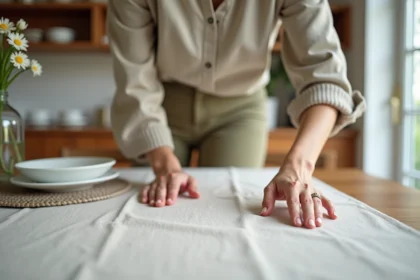 Femme touchant un napperon anti-ride dans une salle à manger lumineuse