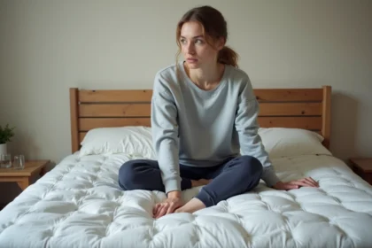 Femme testant la qualité d'un matelas de mauvaise qualité dans une chambre ordinaire