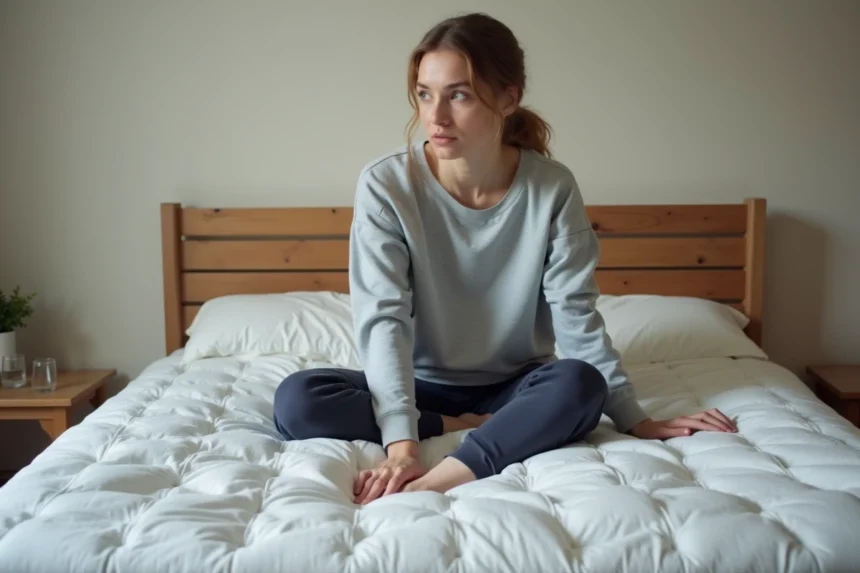 Femme testant la qualité d'un matelas de mauvaise qualité dans une chambre ordinaire