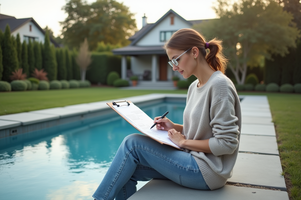 Femme vérifiant les plans de la piscine installée