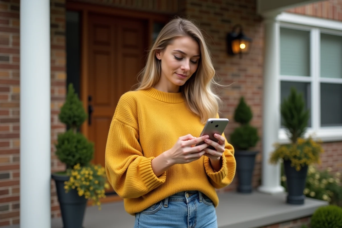Jeune femme vérifiant un profil sur son smartphone devant une maison