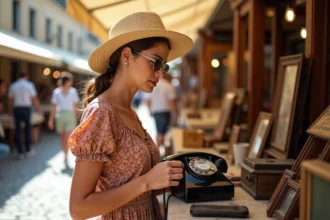 Jeune femme vintage examinant un téléphone rétro à Montpellier