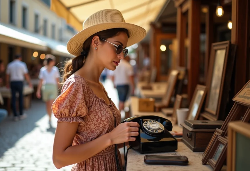 Jeune femme vintage examinant un téléphone rétro à Montpellier