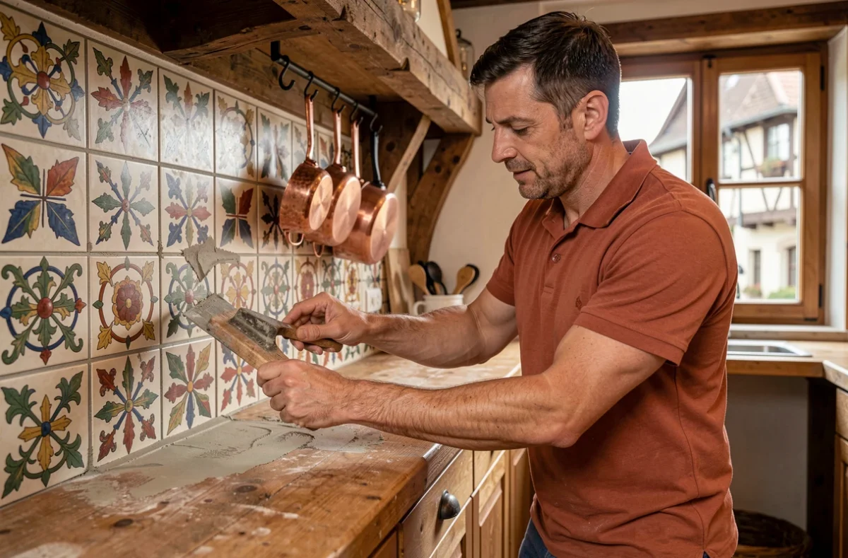 Artisan Flam Carrelage appliquant le joint sur un carrelage décoratif alsacien dans une cuisine à Colmar, Haut-Rhin
