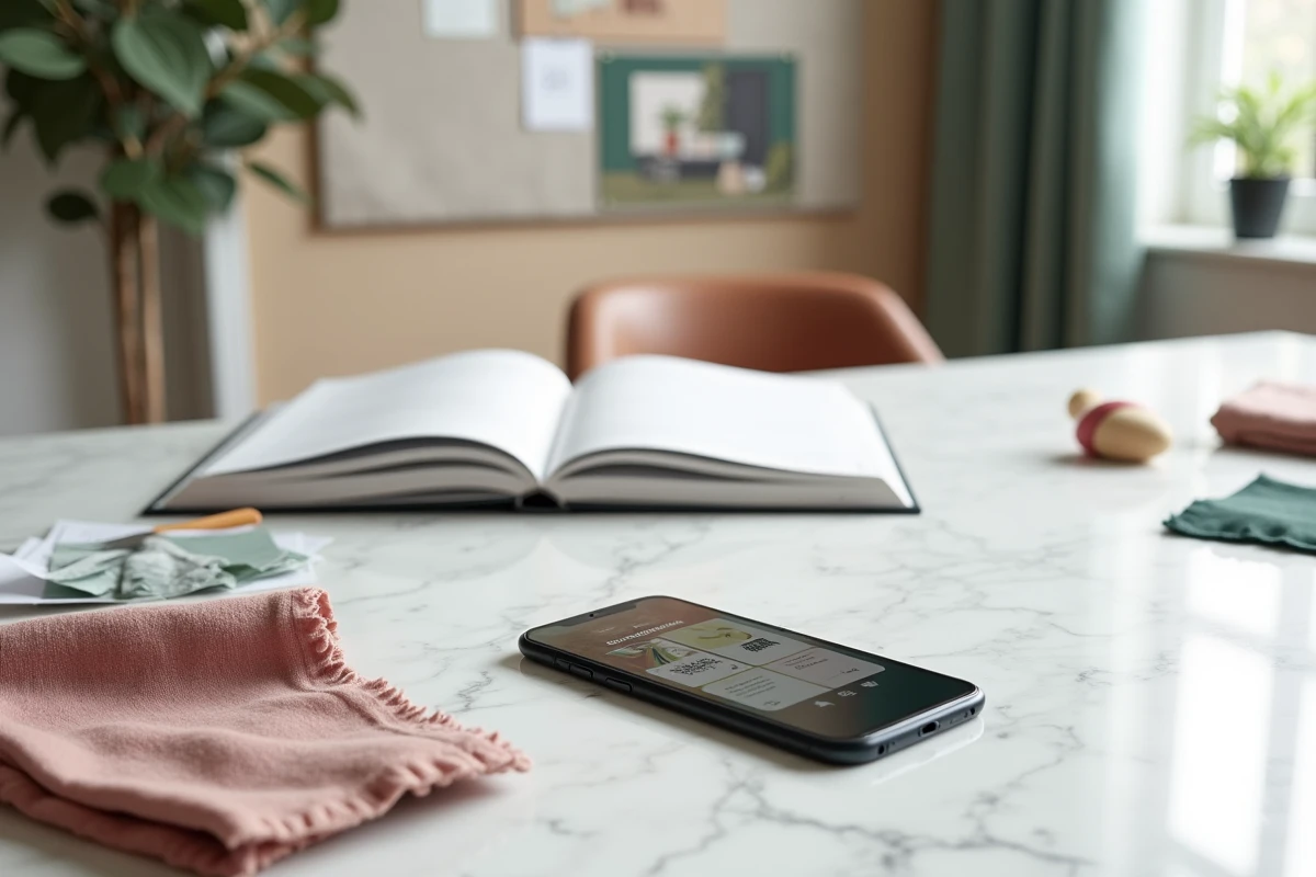 Flat-lay de l'application de décoration Raffinement-et-Habitat avec échantillons de tissu et nuancier sur marbre blanc dans un studio de design