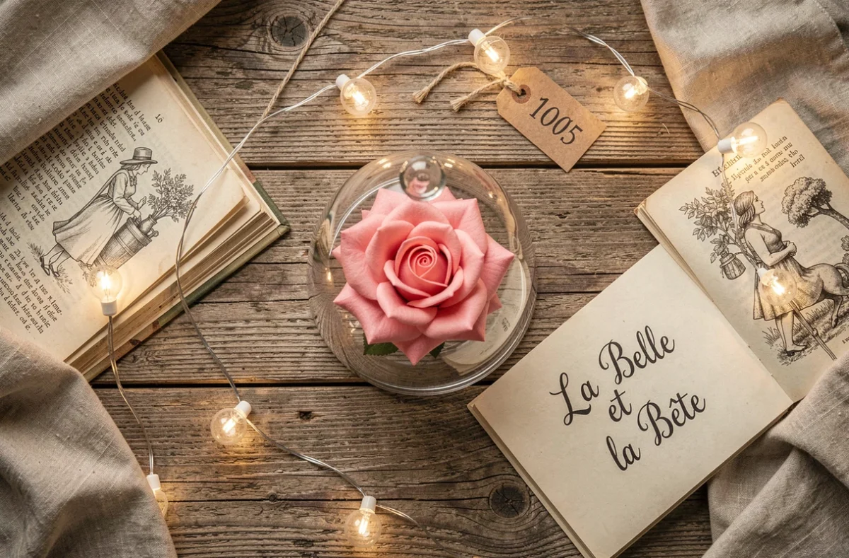 Composition à plat d'une rose La Belle et la Bête en verre avec étiquette de prix, guirlande lumineuse et pages de conte sur table en bois rustique