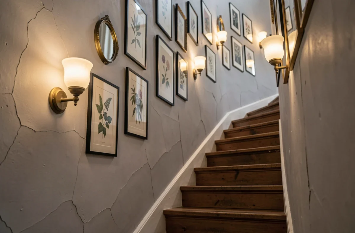 Galerie de cadres botaniques et appliques murales en verre dépoli le long d'un escalier haussmannien aux murs en plâtre gris