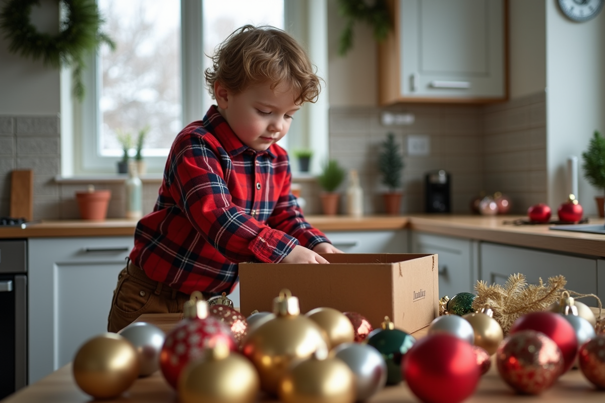 Jeune garçon cherchant des ornements dans une boîte