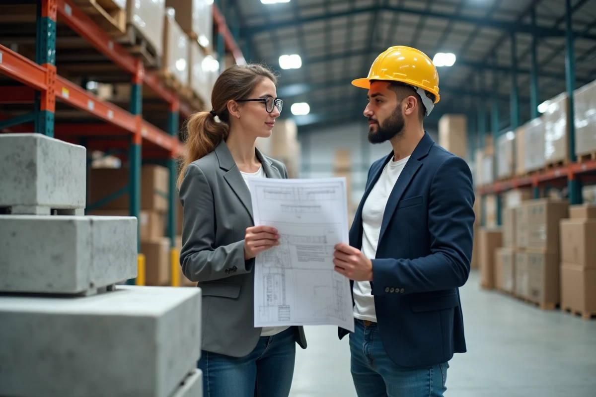 Jeune femme gestionnaire discutant de parpaings avec un collègue