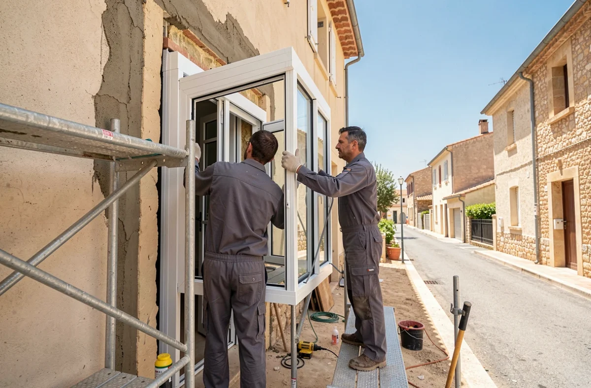Deux techniciens de GNS installant une large fenêtre mixte PVC-aluminium sur la façade d'une maison dans le Var