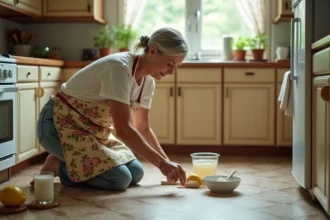 Grand-mère nettoyant un sol en lino avec du vinaigre blanc et du bicarbonate de soude dans une cuisine vintage