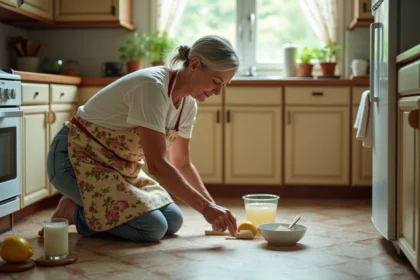 Grand-mère nettoyant un sol en lino avec du vinaigre blanc et du bicarbonate de soude dans une cuisine vintage