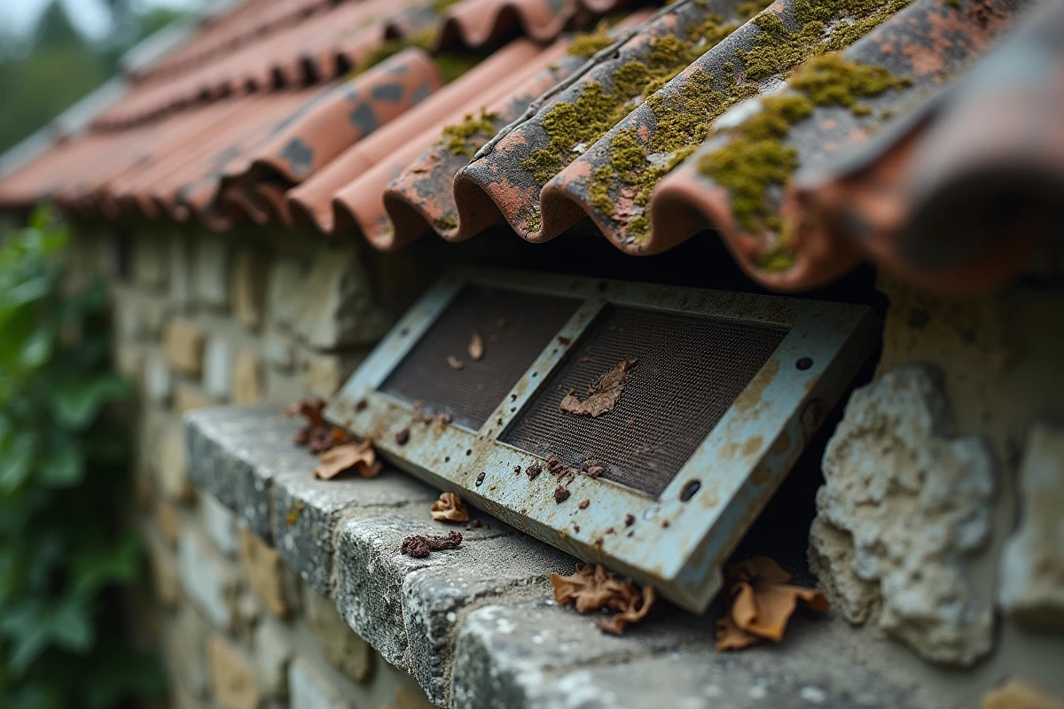 Grille de ventilation endommagée sur une maison en pierre avec traces de passage de fouine sur les tuiles
