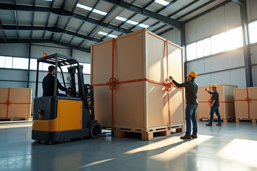 Groupe de travailleurs manipulant une grosse caisse dans un entrepôt lumineux