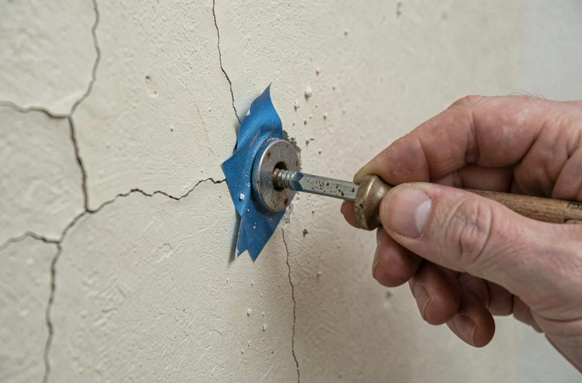Gros plan sur des mains utilisant un tournevis pour dévisser une cheville murale protégée par du ruban de masquage