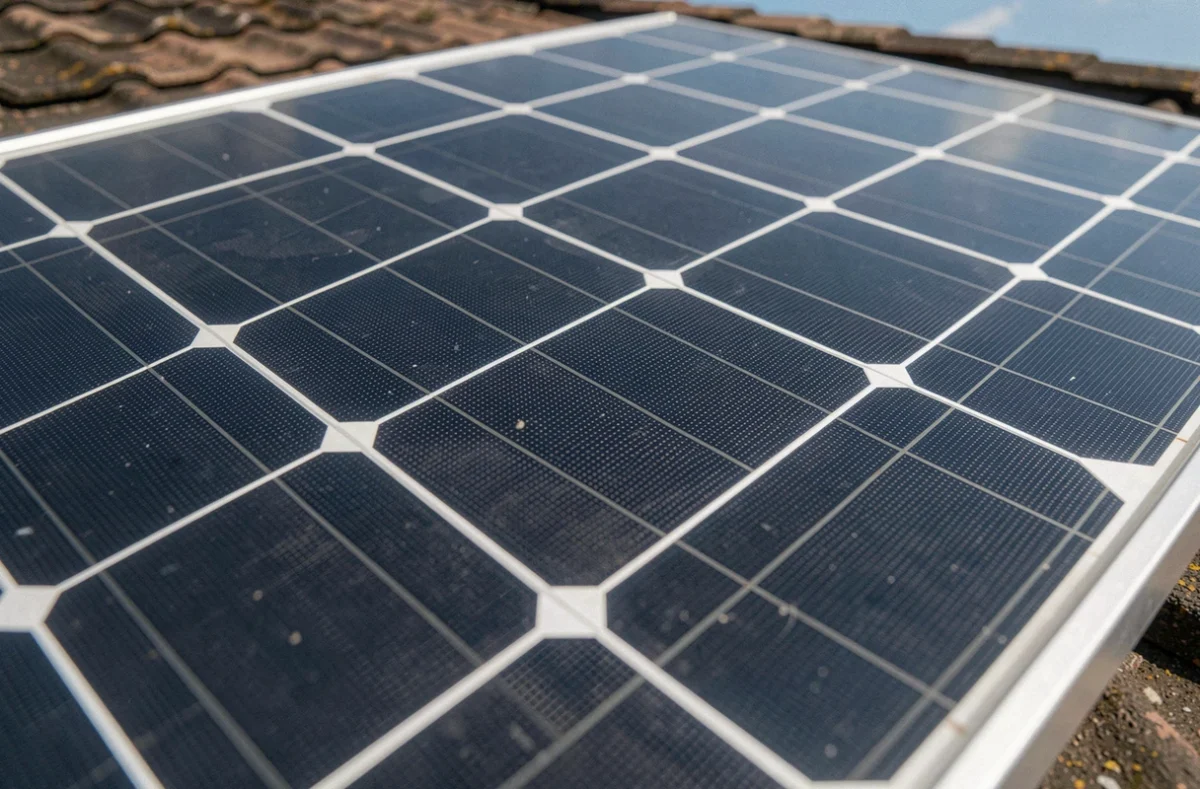 Gros plan sur la surface d'un panneau solaire Dualsun monocristallin installé sur un toit