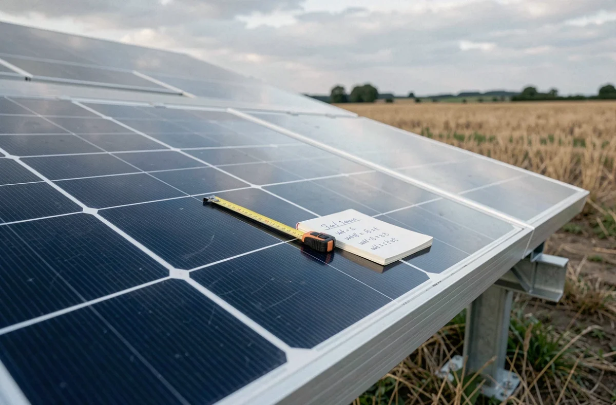 Gros plan de panneaux solaires monocristallins en champ ouvert avec mètre ruban et notes de calcul de puissance photovoltaïque