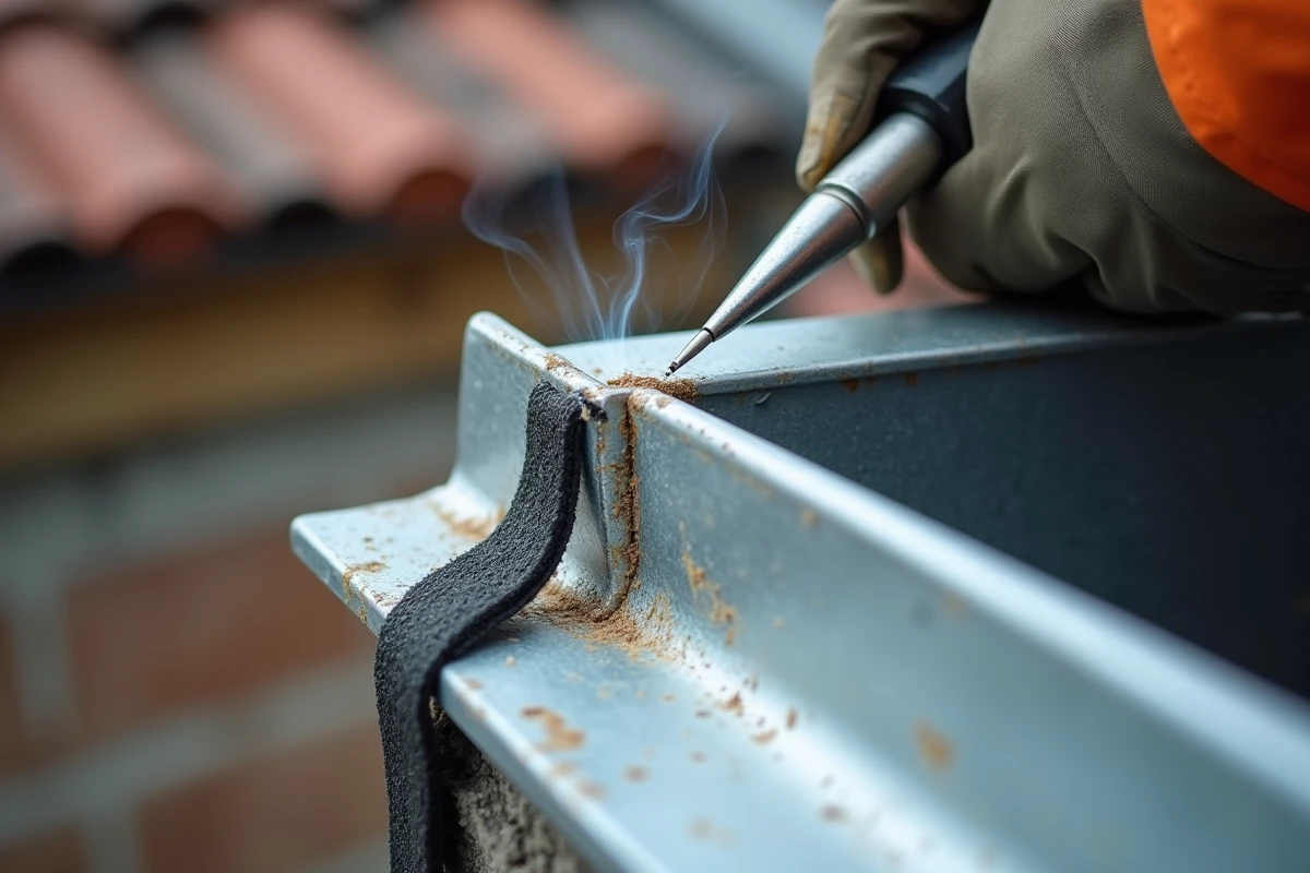 Gros plan sur la soudure d'un angle de gouttière en zinc avec fer à souder et gants de protection