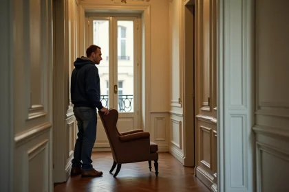 Homme d'âge moyen dans un couloir parisien ancien avec fauteuil