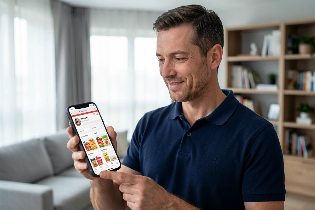 Homme utilisant l'application Carrefour sur smartphone pour commander ses courses en ligne depuis son salon