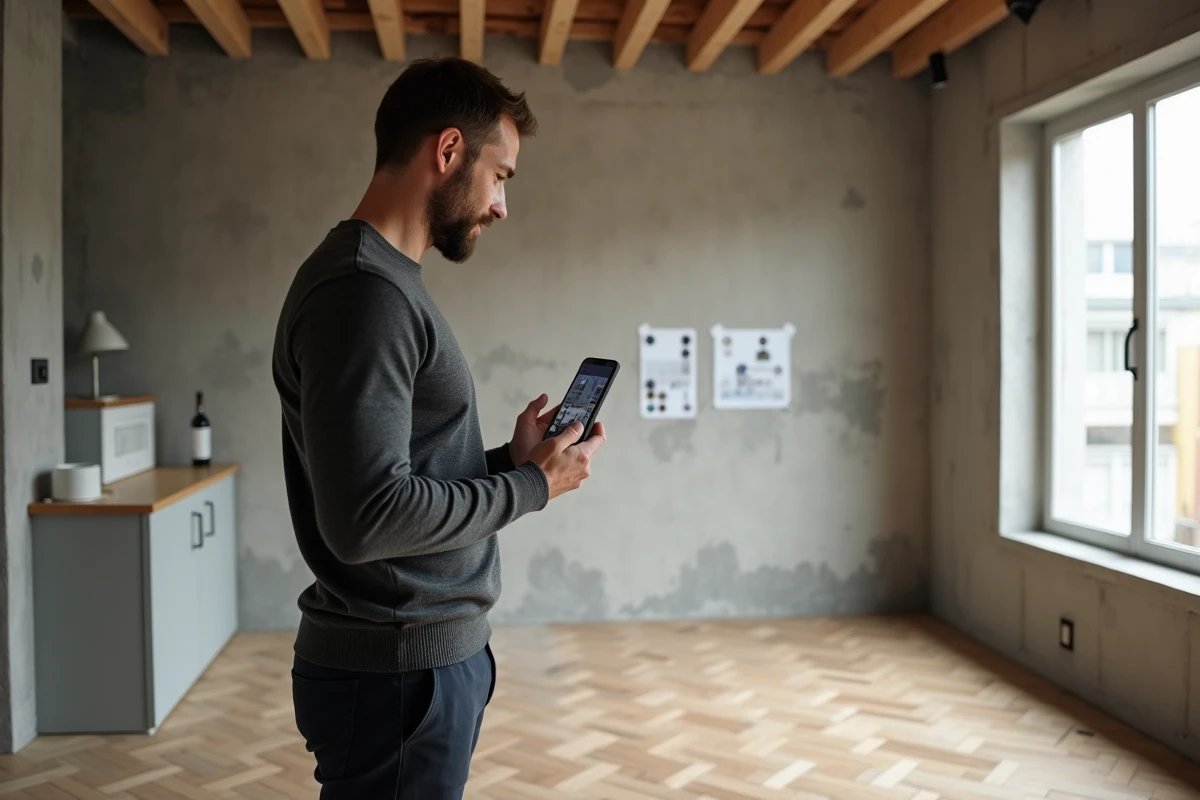 Homme consultant une application IA de décoration 3D dans un salon en cours de rénovation avec parquet en chevrons