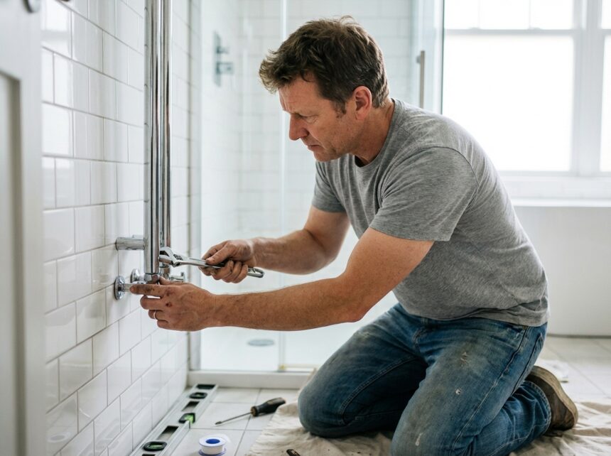 Homme en train d'installer une colonne de douche moderne dans une salle de bain lumineuse