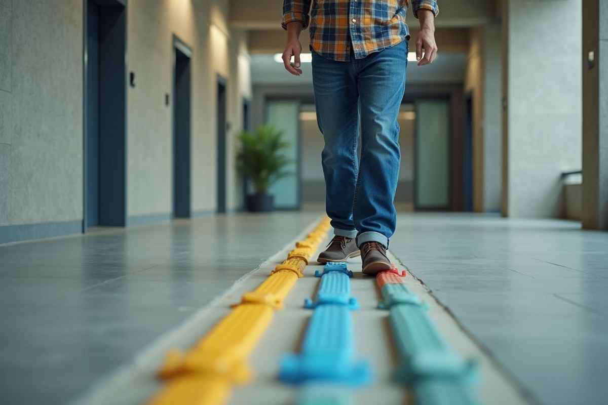 Homme marche dans un couloir avec câbles protégés colorés