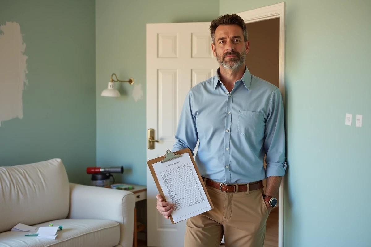 Homme vérifiant le budget de renovation dans un salon en travaux