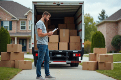 Homme vérifiant une checklist de déménagement devant un camion