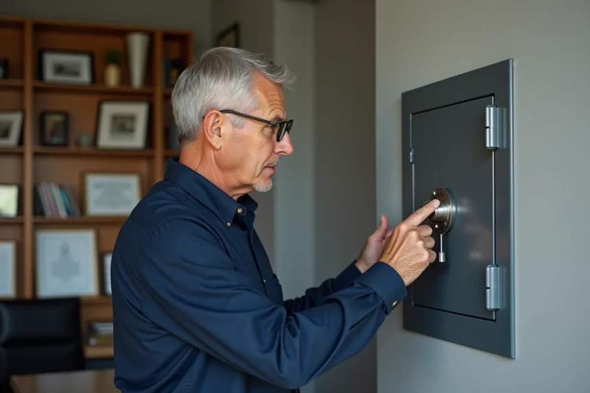 Homme examinant un coffre-fort scellé dans le mur d'un bureau à domicile moderne