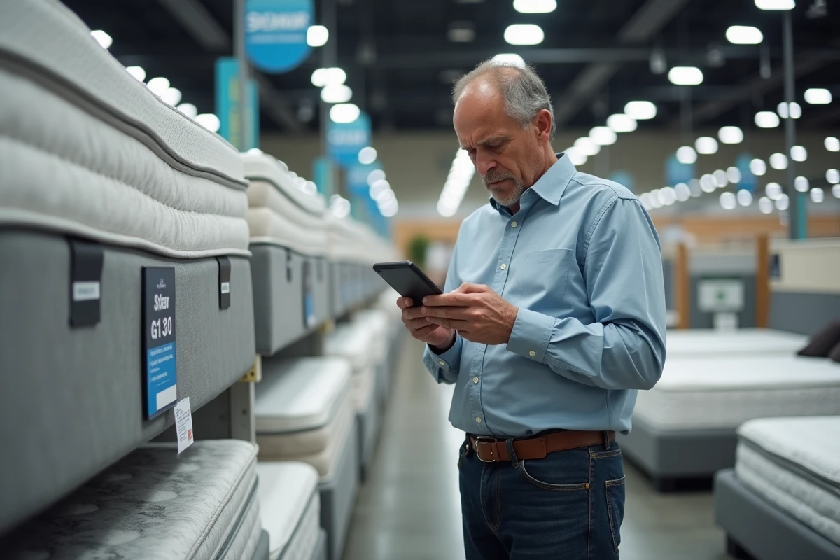 Homme comparant des marques de matelas en magasin avant d'acheter
