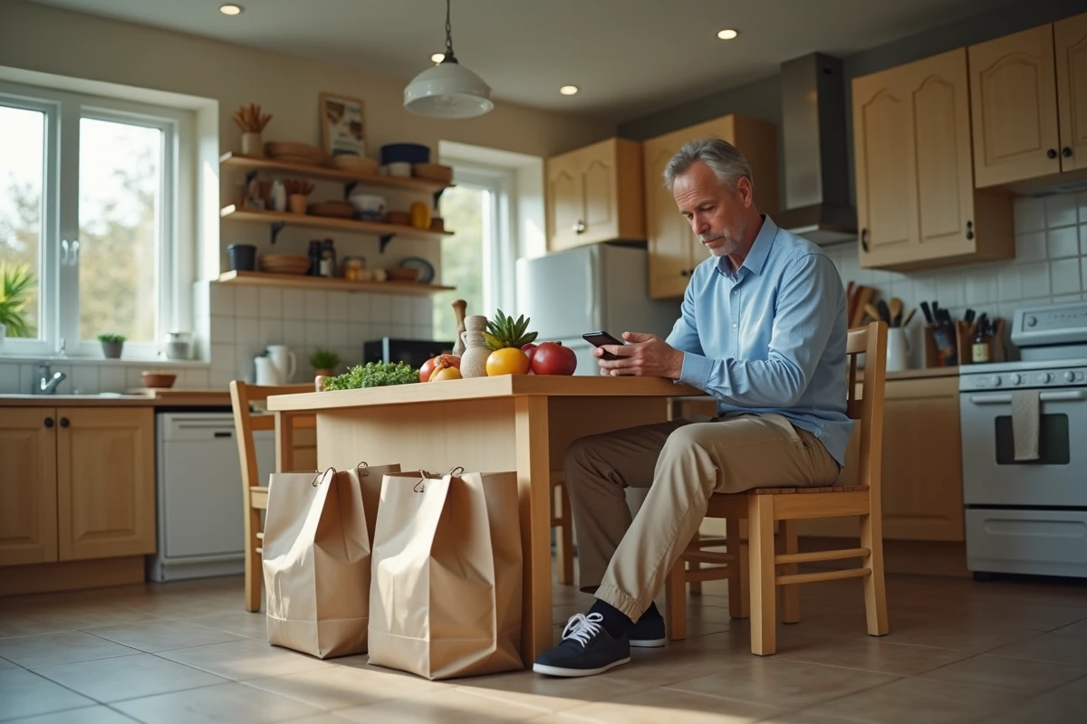 Homme vérifiant sa facture de courses dans la cuisine
