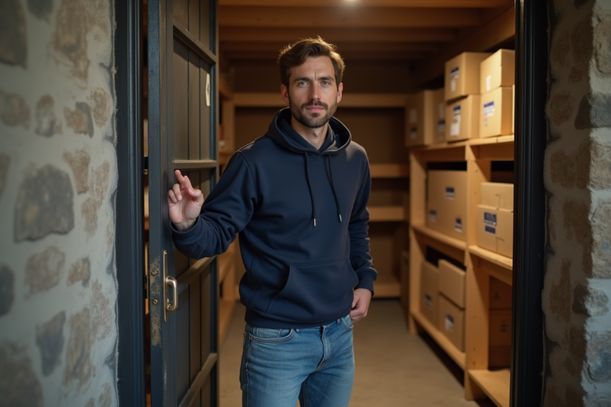 Homme en jeans et sweat unlockant une porte de cave