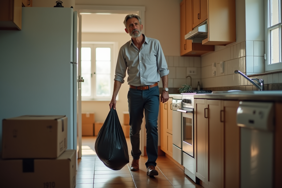 Homme avec sac poubelle dans une cuisine en transition