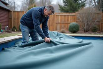 Homme déployant une couverture d'hiver sur une piscine extérieure